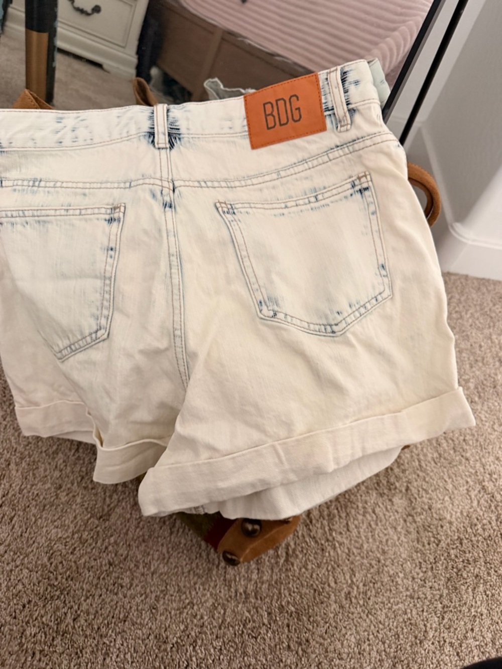BDG Cream Denim Roll Hem Shorts with Faded Blue Stitching